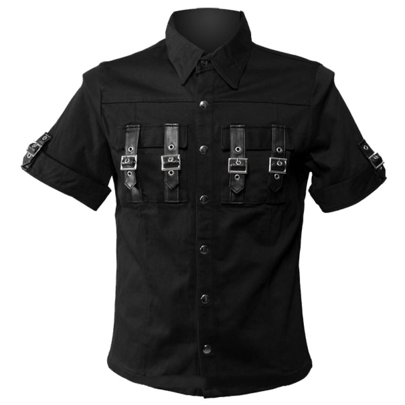 Men Gothic Shirt Black Vintage Straps Buckle Shirt Work Shirt